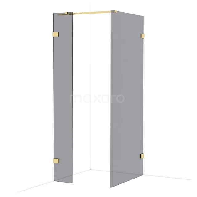 Grey corner shower cabin with frosted glass and gold hinges, ideal for a modern bathroom.
