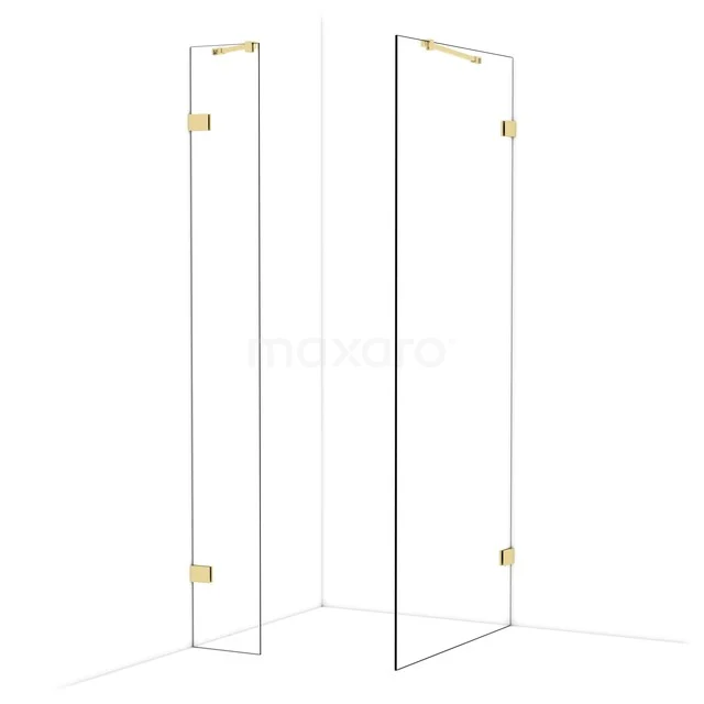 Glass shower wall with gold hinges, sleek modern design, ideal for a stylish bathroom.