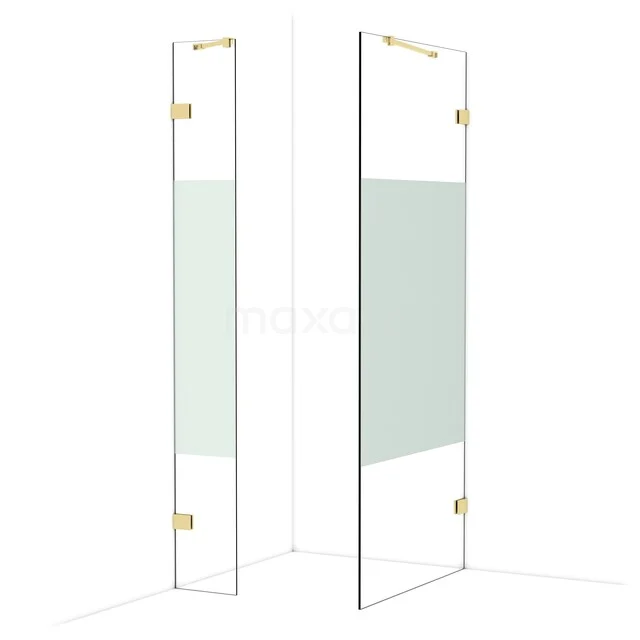 Glass shower wall with gold-coloured hinges, frosted glass detail, luxury design for modern bathrooms.