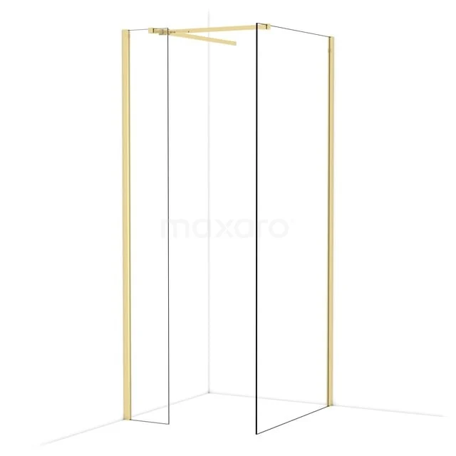 Begehbare Dusche aus Gold mit minimalistischem Design, gläsernen Wänden und mattgoldenen Profilen, perfekt für ein modernes Badezimmer.