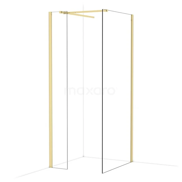 Diamond Walk-in shower | 90x30 cm Glossy light gold Clear glass 2 fixed walls IDB0309510GLG Gouden inloopdouche met minimalistisch design, glazen wanden en matgouden profielen, perfect voor een moderne badkamer.