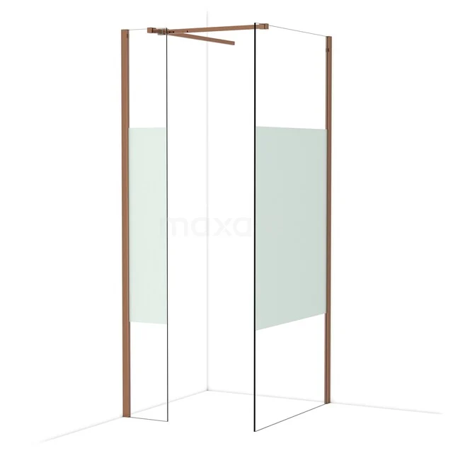Diamond Walk-in shower | 90x30 cm Shiny copper Clear with matt strip 2 fixed walls IDB0309513GKP Douchewand met koperkleurige profielen, glas met mat strookdesign, ideaal voor een moderne badkamerstijl.