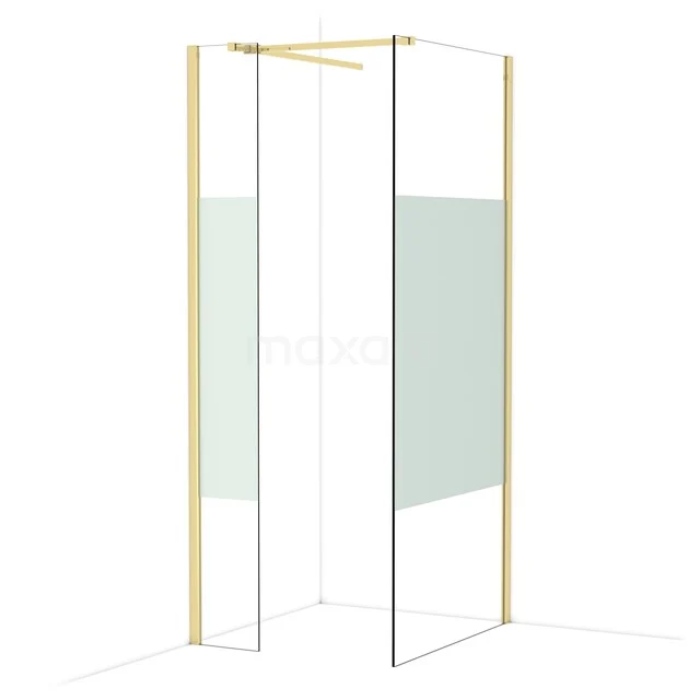 Goldfarbene Glasduschwand mit Mattglasdetails, minimalistisches Design, ideal für eine stilvolle Badezimmerrenovierung.