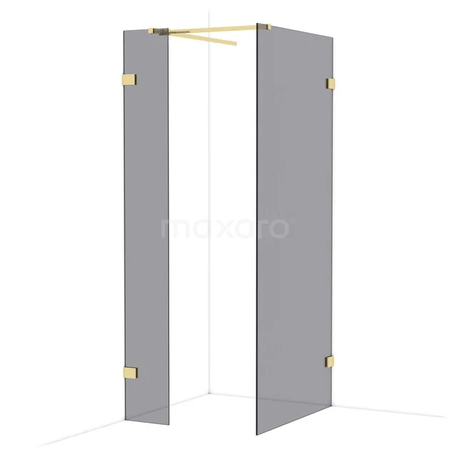 Grey shower door with gold hinges, foldable design, ideal for a stylish modern bathroom.