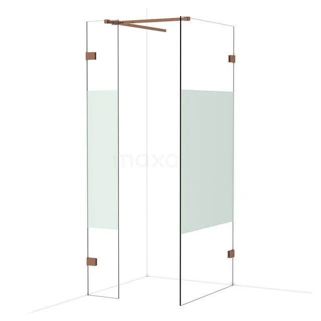 Duschwand mit kupferfarbenen Akzenten, Glasplatten und Mattglasdetails; stilvolle Ergänzung für moderne Bäder.