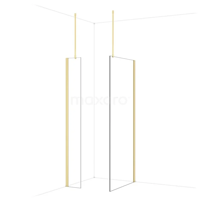 Minimalistische Duschwand in Eckaufstellung mit goldfarbener Umrandung, ideal für ein modernes Badezimmer.