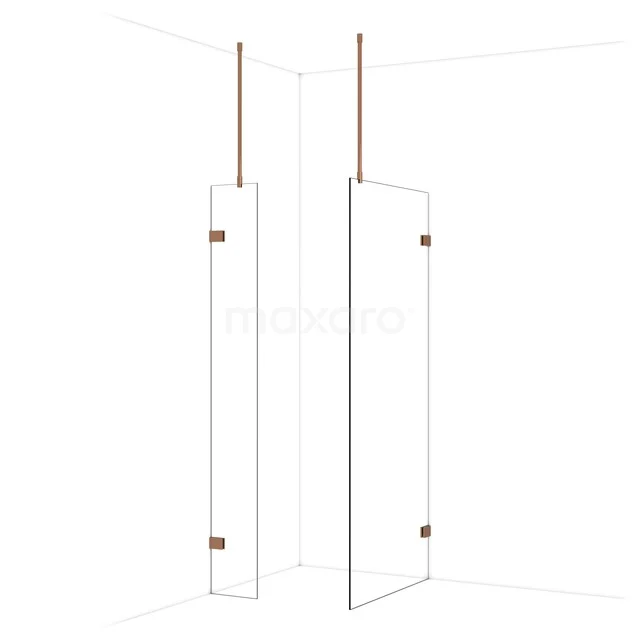 Glasene Duschwand mit Drehtür, minimalistisches Design, kupferfarbene Akzente, ideal für ein modernes Badezimmer.