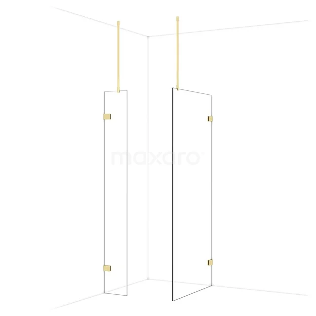 Glazen douchewand met goudkleurige bevestigingen, hoekmontage, modern badkamerdesign, helder glas uit premium serie.