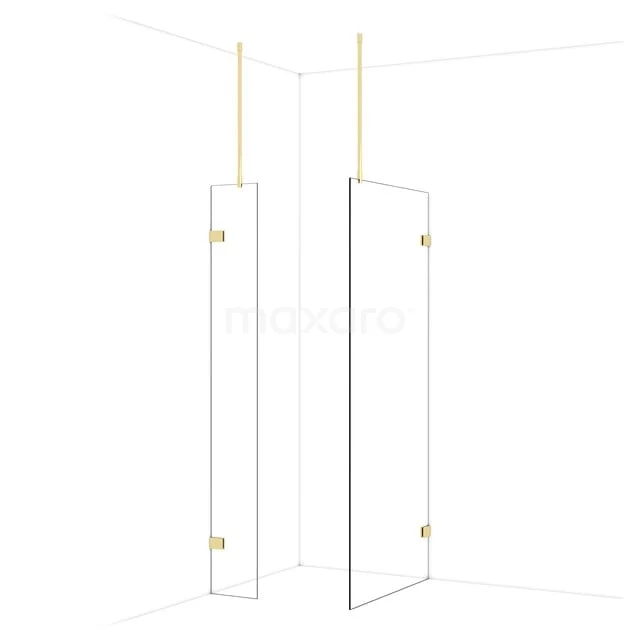 Glass shower wall with gold-coloured fittings, corner installation, modern bathroom design, clear glass from premium series.