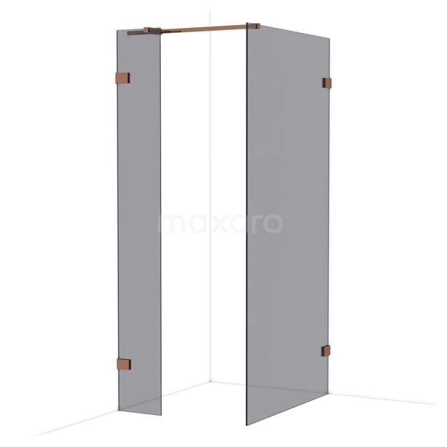 Grijze hoekdouche met glazen deuren en koperkleurige accenten, modern design voor een stijlvolle badkamer.