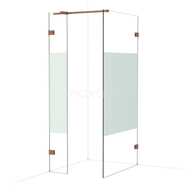 Diamond begehbare Dusche | 100x30 cm Glänzendes Kupfer 2 feste Wände IDB0310323GKP Glas-Duschwand mit Mattglasstreifen, Eckmodell mit kupferfarbenen Scharnieren und schlankem Design für moderne Bäder.