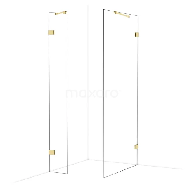 Diamond Walk-in shower | 100x30 cm Glossy light gold Clear glass 2 fixed walls IDB0310420GLG Douchewand van helder glas met goudkleurige scharnieren, luxe design voor een stijlvolle badkamer.