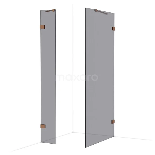 Diamond Walk-in shower | 100x30 cm Shiny copper Smoke glass 2 fixed walls IDB0310421GKP Grijze douchewand set met hoekdesign, voorzien van zwart metalen scharnieren en modern glas voor een stijlvolle badkamerupgrade.