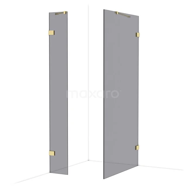 Grey shower screen set with frosted glass and gold hinges, modern design ideal for a luxury bathroom decor.