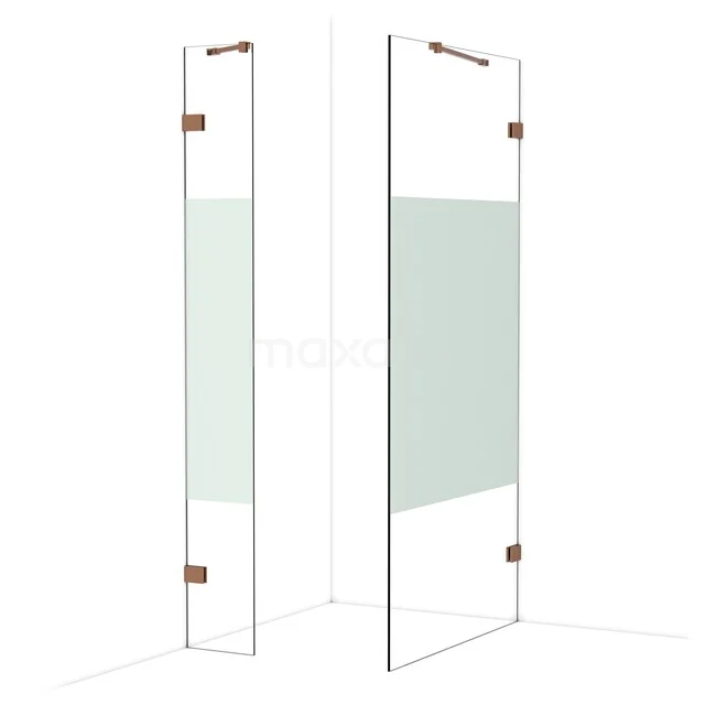 Douchewand met matglazen strook, transparant glas, chromen details, strak design ideaal voor moderne badkamers.