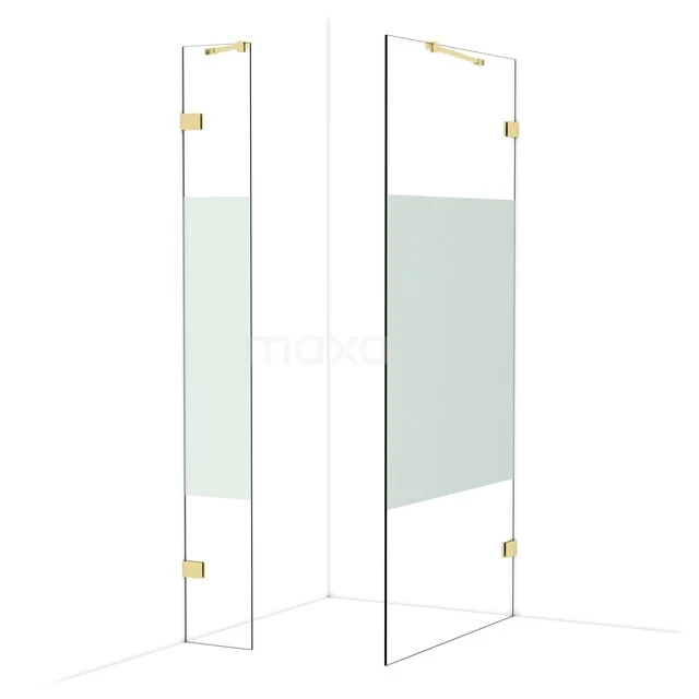 Glass shower wall with gold details and frosted glass accents, perfect for a modern and stylish bathroom.