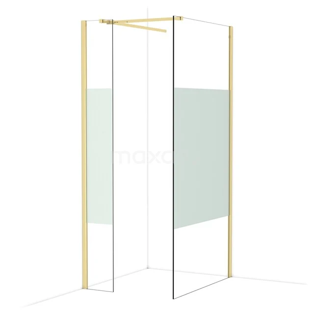 Gold-coloured shower wall with frosted glass panels, minimalist design, ideal for a modern bathroom.