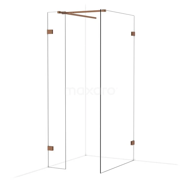 Douchewand van helder glas met roségouden accenten, minimalistisch design voor een stijlvolle en moderne badkamer.