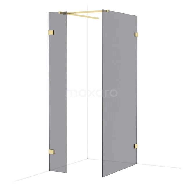 Diamond Walk-in shower | 100x30 cm Shiny light gold Smoke glass 2 fixed walls IDB0310521GLG Grey shower cabin with gold-coloured hinges, modern design, ideal for a stylish bathroom decor.