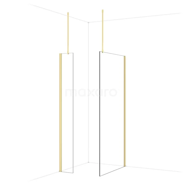 Minimalistische douchewand met gouden accenten, helder glas en wit frame, ideaal voor een moderne badkamerinrichting.