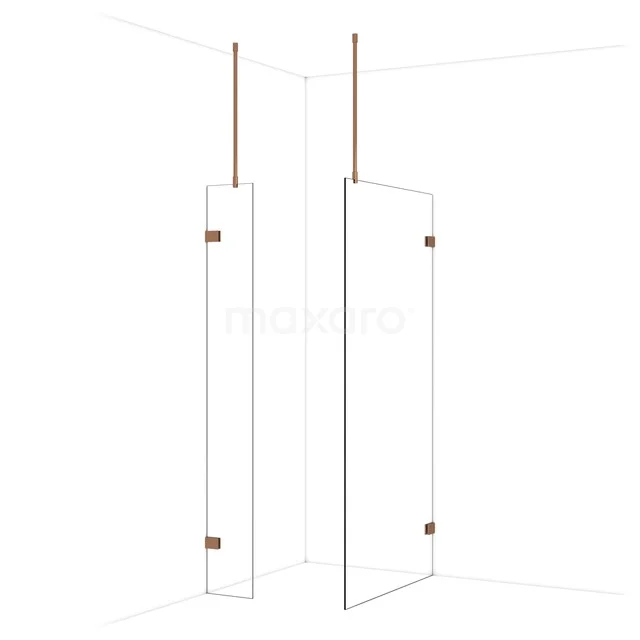 Douchewand met helder glas en koperkleurige details, modern ontwerp voor stijlvolle badkamerinrichting.