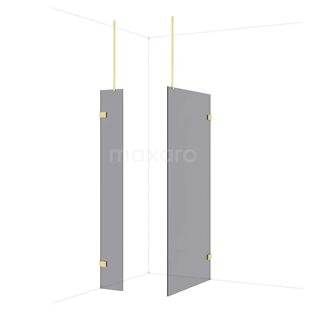 Grey glass shower wall with brass details, modern design for luxury bathroom layout.