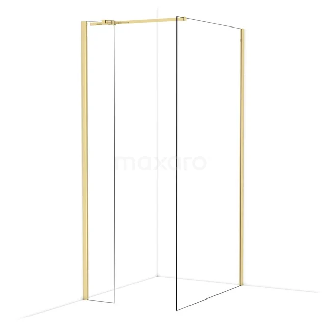 Goudkleurige douchewand met helder glas en strak frame, perfect voor een moderne badkamerinrichting.