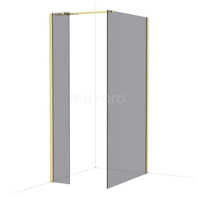 Gouden douchewand met hoekopstelling en minimalistisch design, ideaal als stijlvolle badkameroplossing.