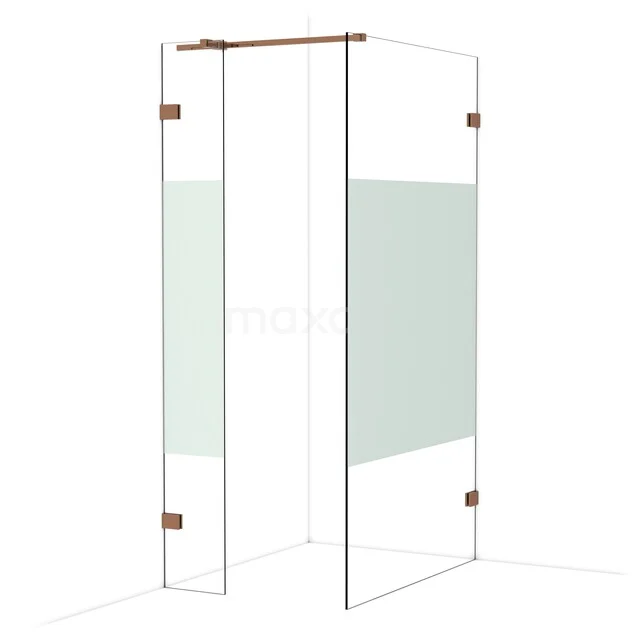 Diamond Walk-in shower | 110x30 cm Shiny copper Clear with matt strip 2 fixed walls IDB0311323GKP Glazen douchewand met hoekopstelling, mat glas accenten en rose goud beslag, ideaal voor een moderne badkamer inrichting.