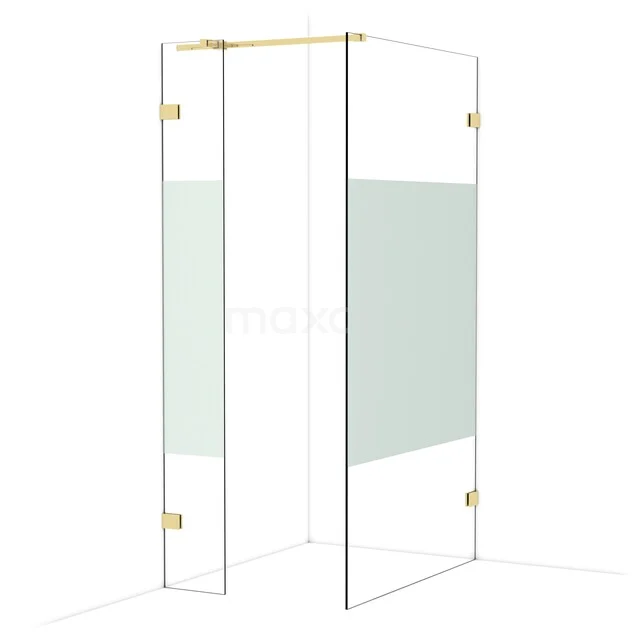 Corner shower wall made of glass with matte gold profiles, modern design, partially frosted glass for privacy in the bathroom.
