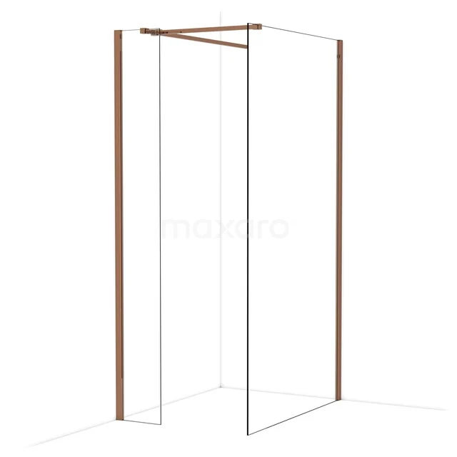 Glazen douchewand met koperkleurige profielen, minimalistisch design, perfect voor een moderne badkamerinrichting.