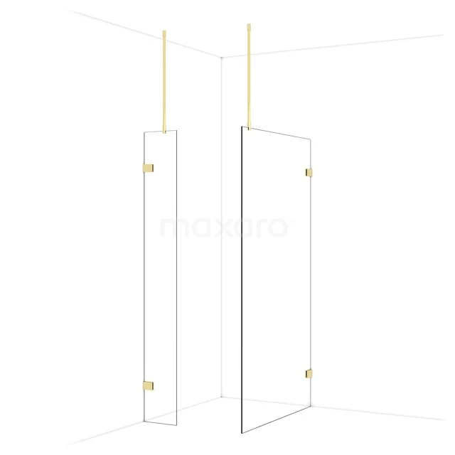 Glasene Duschwand mit goldfarbenen Details, minimalistisches Design; ideale Trennwand für einen modernen Badezimmerstil.