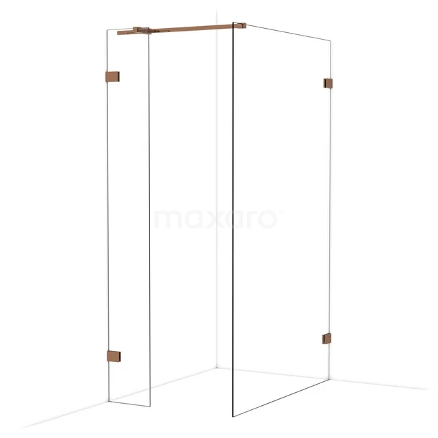 Glazen douchecabine met koperkleurige accenten, hoekmodel, ideaal voor een moderne badkamer.