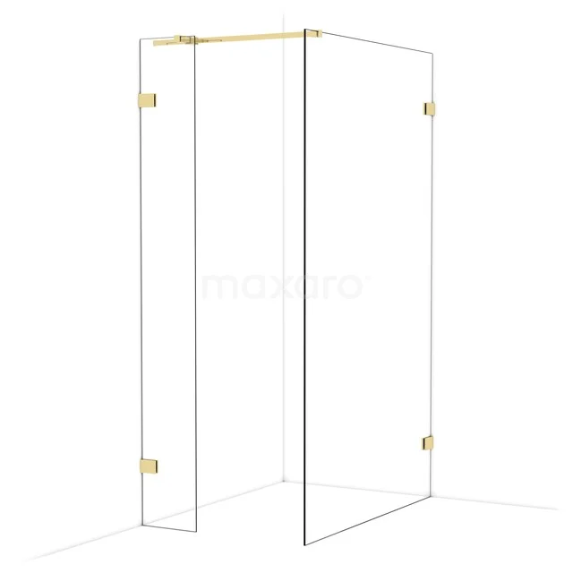 Eck-Duschwand aus Klarglas mit goldfarbenen Akzenten, perfekt für ein stilvolles und modernes Badezimmer.