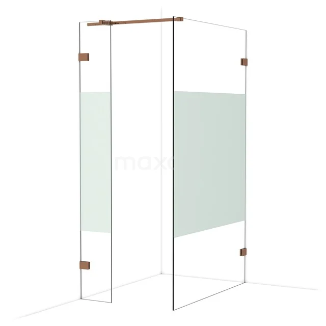 Glas Duschwand mit mattem Segment, kupferfarbene Details, modernes Design für ein stilvolles Badezimmer.