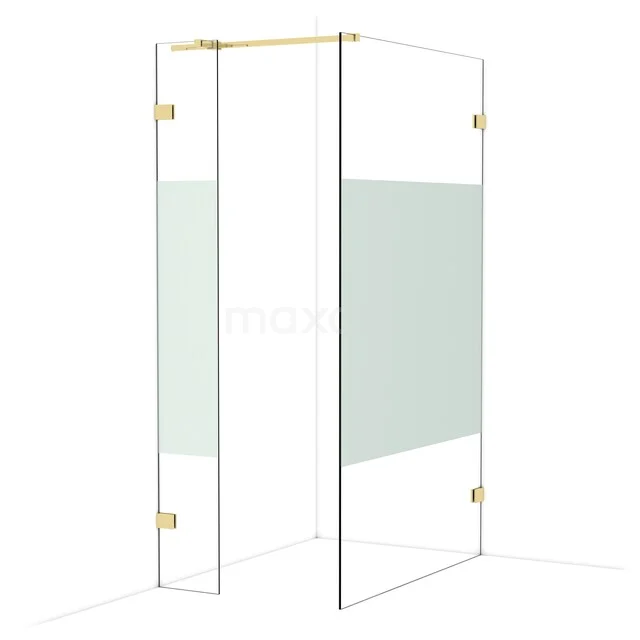 Glas Duschwand mit goldfarbenen Scharnieren, modernes Design und einer matt lackierten Mittelplatte für ein stilvolles Badezimmer.
