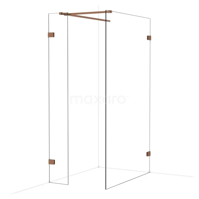 Glazen douchewand met hoekopstelling, helder glas, messing accenten, ideaal voor een moderne badkamer.