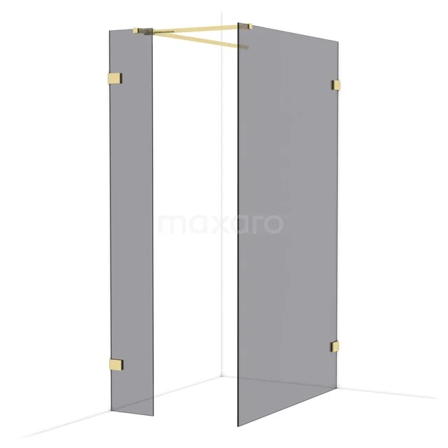 Frosted grey glass shower wall with brass hinges, luxury bathroom design for modern spaces.