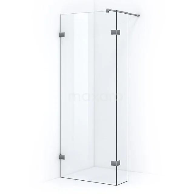 Klarer Glas-Duschwand mit Eckdesign und verchromten Scharnieren, perfekt für einen modernen Badezimmerstil.