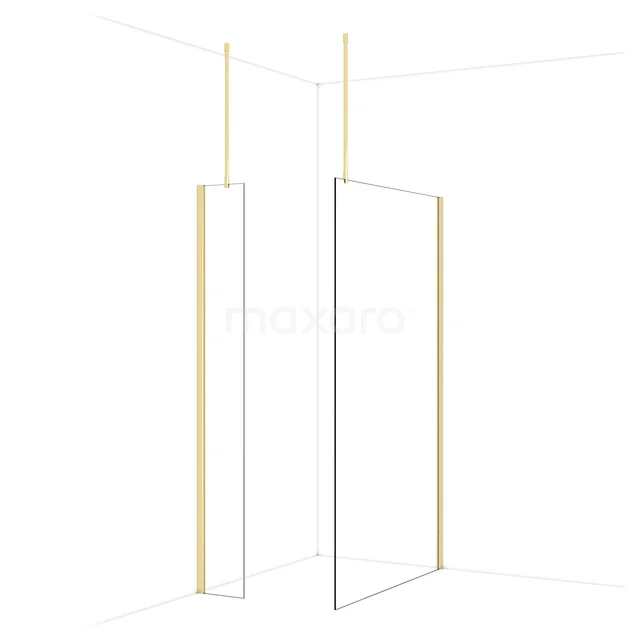 Glazen inloopdouche met goudkleurige profielen, modern design; perfecte toevoeging aan een stijlvolle badkamer.