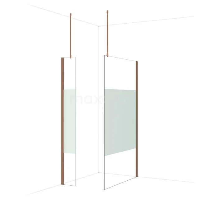 Duschwand mit klarem Design, Mattglasdetail und kupferfarbenen Akzenten, perfekt für eine moderne Badezimmergestaltung.