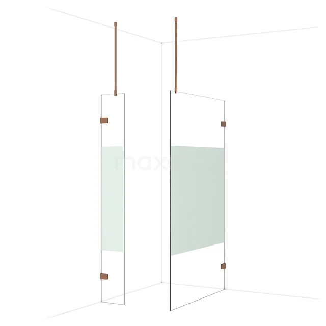 Diamond begehbare Dusche | 120x30 cm Glänzendes Kupfer 2 feste Wände IDB0312923GKP Duschwand Walk-in mit Klarglas und Matt Weiß Rahmen, ausgestattet mit Holzlook-Stützen für einen modernen Badezimmerstil.