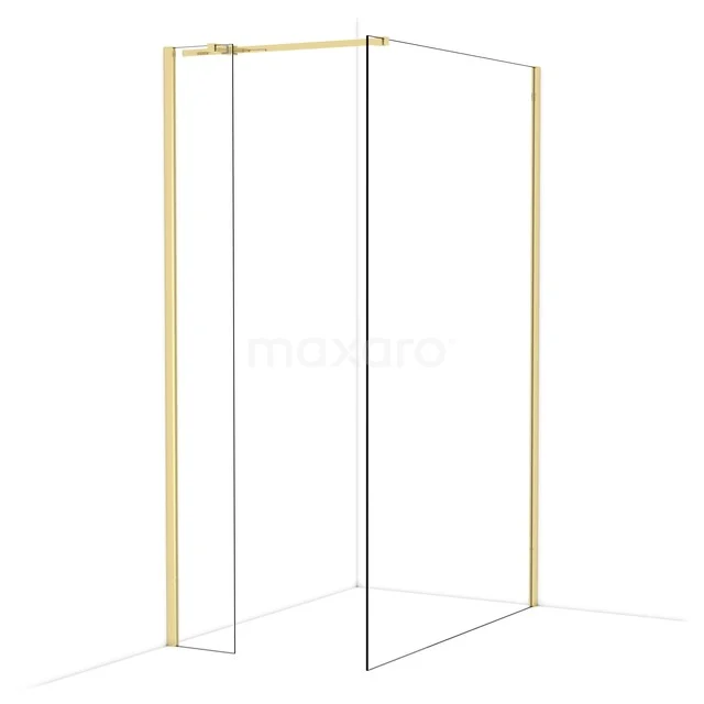 Begehbare Duschen IDB0313310GLG Goldene Eck-Duschwand mit Glasplatten, minimalistisches Design und luxuriöser Look, ideal als stilvolle Badezimmerlösung.