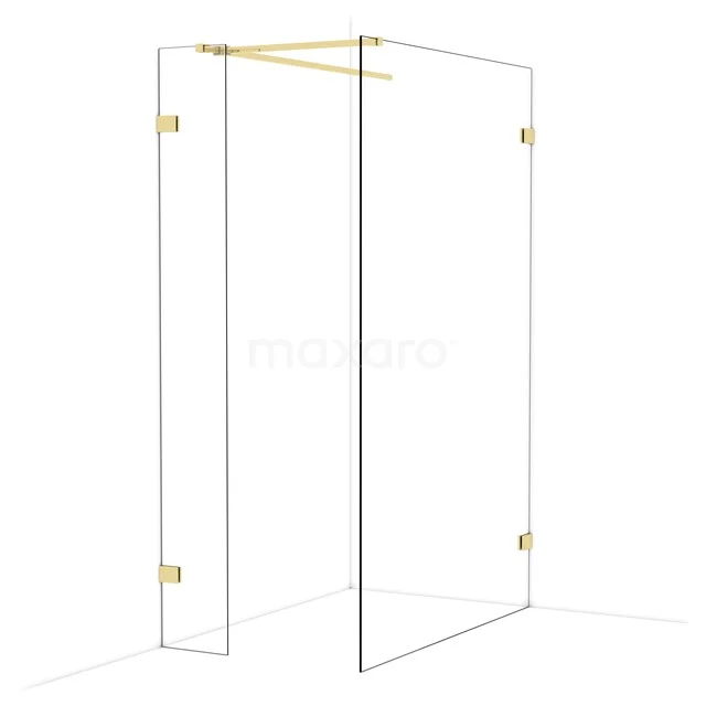 Glass shower wall with gold-coloured hinges, modern design, ideal as a luxury addition in the bathroom.
