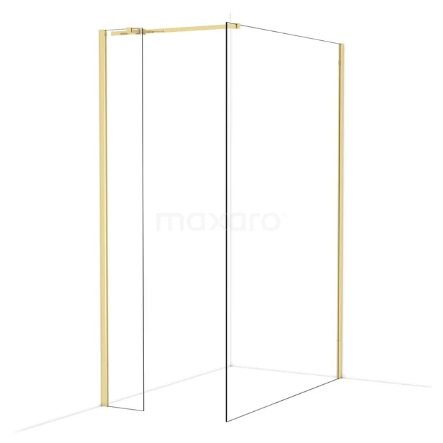 Douchewand van helder glas met goudkleurig frame, moderne afwerking, ideaal voor een luxe badkamerstijl.