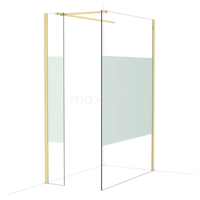 Diamond Walk-in shower | 140x30 cm Glossy light gold Clear with matt strip 2 fixed walls IDB0314513GLG Doorzichtige glazen douchewand met goudkleurig frame en mat privacypaneel, ideaal voor een moderne badkamerstijl.
