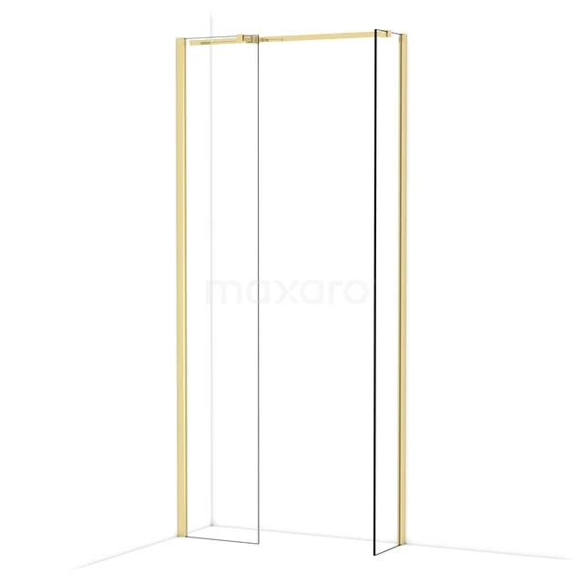 Glas Duschwand, Eckmodell mit goldfarbenem Profil, moderner Badezimmerstil, aus nachhaltigem Material für eine luxuriöse Ausstrahlung.