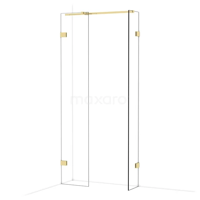 Glazen douchewand goudkleurig met scharnieren, hoekopstelling; modern design en ideaal voor een stijlvolle badkamerinrichting.