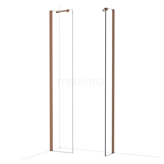 Douchewand met koperkleurige profielen, glasdesign en strak lijnwerk, ideaal voor moderne badkamerinrichting.