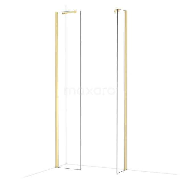 Gold Duschwand mit Klarglas, minimalistisches Design, ideal für eine moderne Badezimmergestaltung.